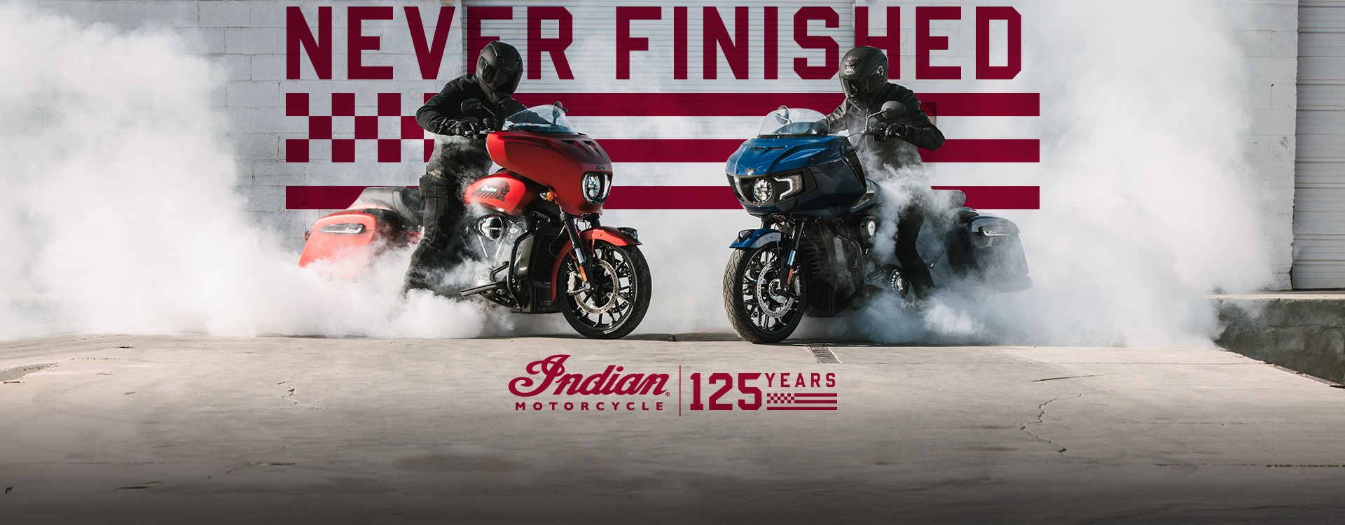 Lineup of Indian PowerPlus motorcycles parked in the desert.